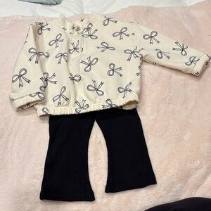 Cat & Jack Cream Bow Print Pullover & Black Pants Kids Matching Set 12 months